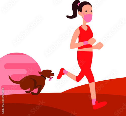A woman using medical mask while running with her dog outside