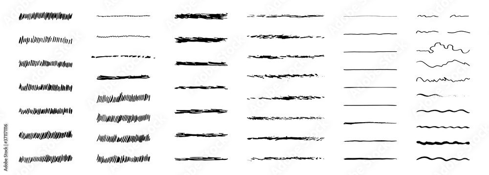Brush strokes, black ink lines. Vector abstract set with hand drawn paint brushes. Grunge texture on white background. Doodle style. Collection modern abstract elements for background for business