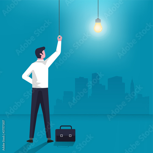 Businessman character turn on the light bulb symbol. Business idea and innovation vector illustration.