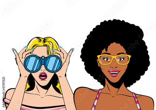 retro blond and afro women cartoons with binoculars vector design