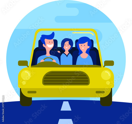 A family having a family trip together using car illustration
