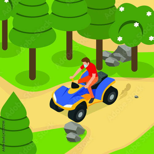 A man riding ATV at the forest during holiday illustration