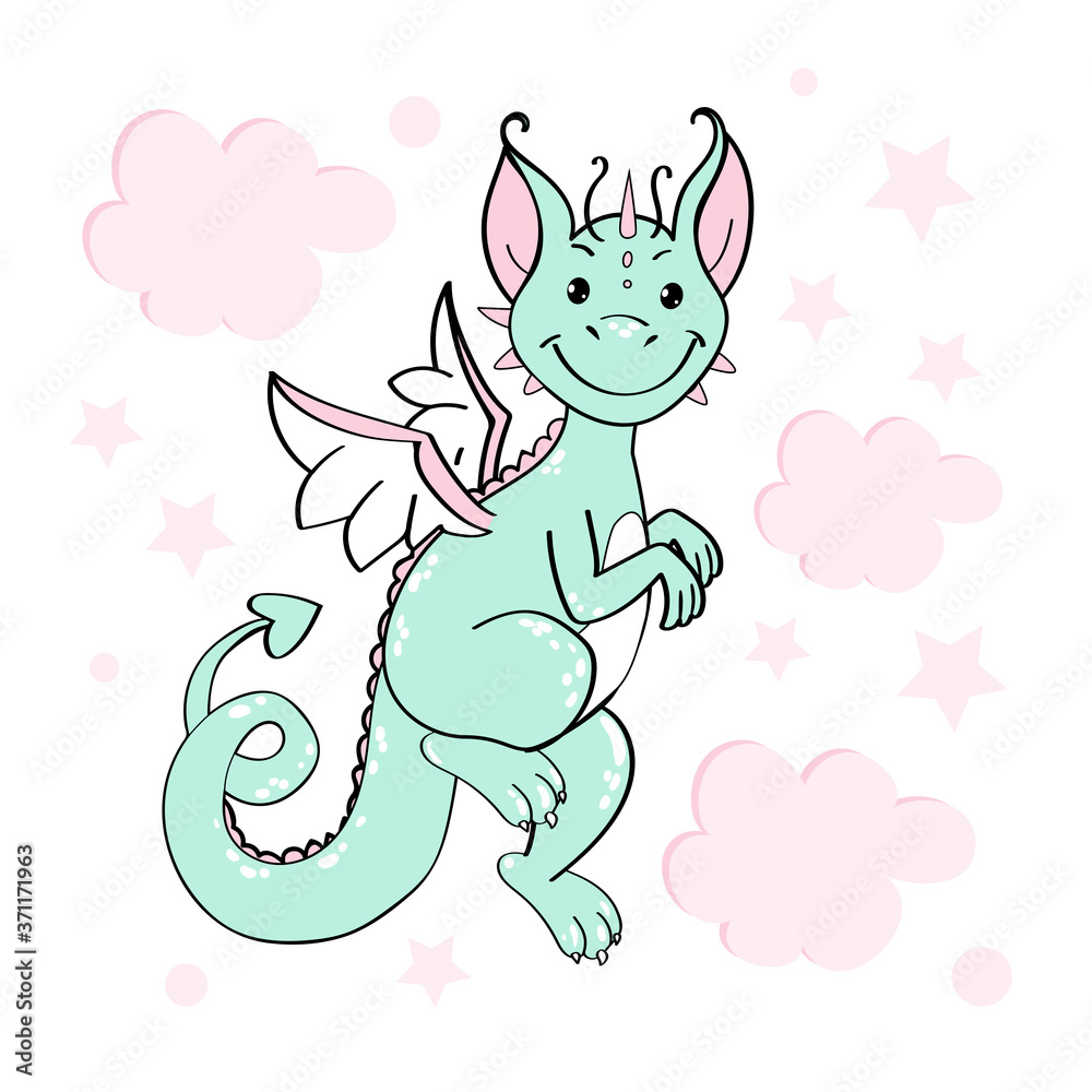 Cute blue dragon flying in the clouds on a white background isolated Cute blue dragon flying in the clouds on a white background isolated