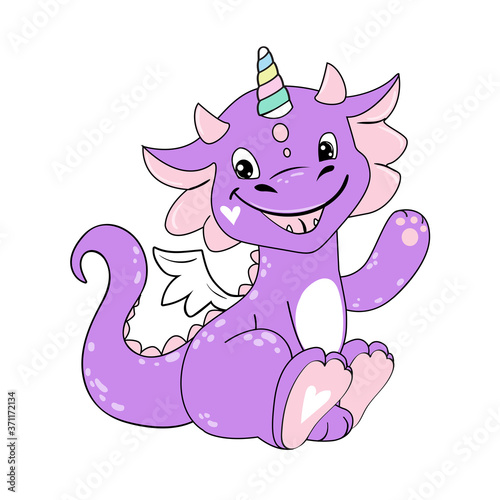 Funny lilac dragon waving hand on a white isolated background. Birthday card © Lucky Project