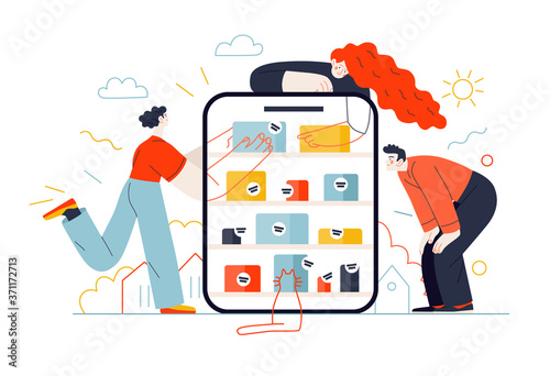 Business topics - online shopping. Flat style modern outlined vector concept illustration. Tablet with a shop shelves and boxes on them, and people taking and looking at the goods. Business metaphor.