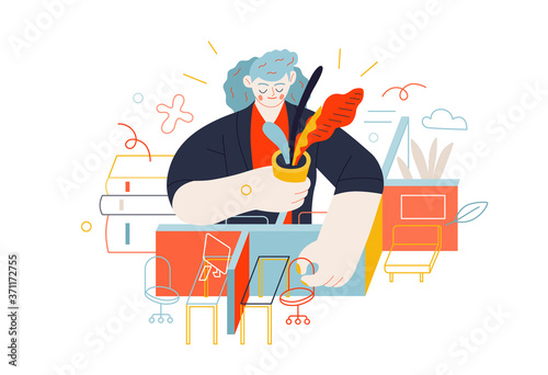 Business topics - office management. Flat style modern outlined vector concept illustration. Young woman, office manager, arranging office furniture, plants and computers. Business metaphor.