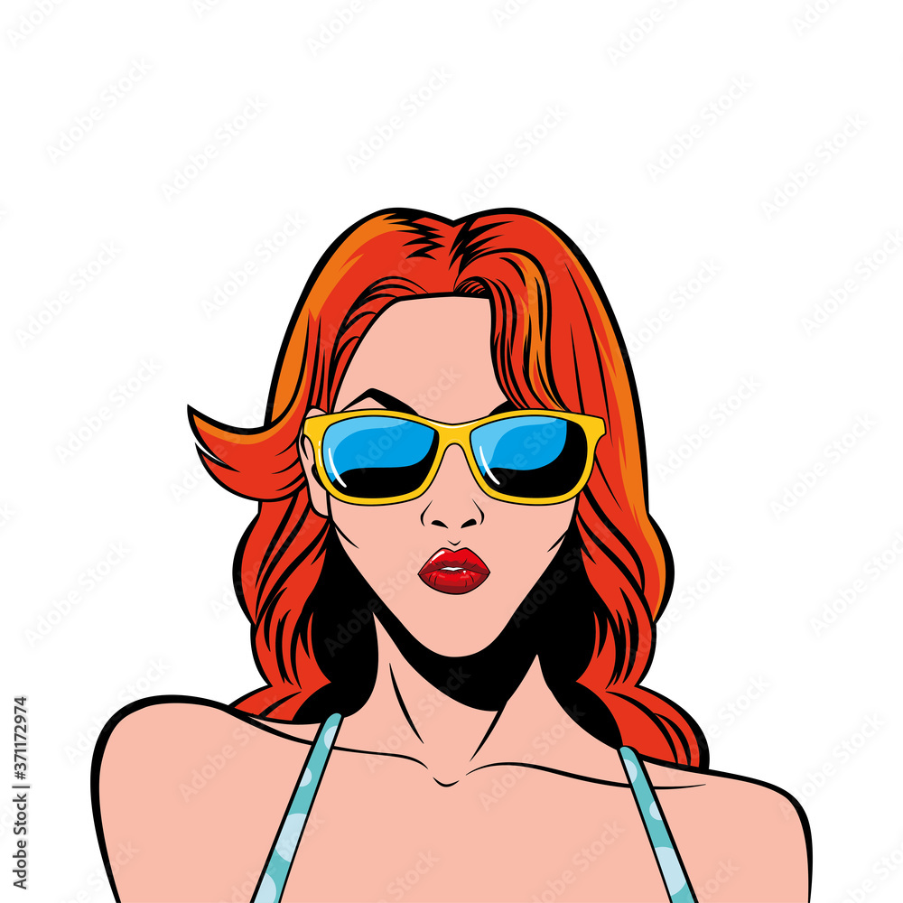 retro red hair woman cartoon with glasses vector design