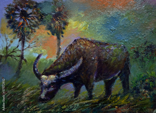 Art painting Oil color buffalo  northeast  Countryside  in the provinces Thailand © Kwang Gallery