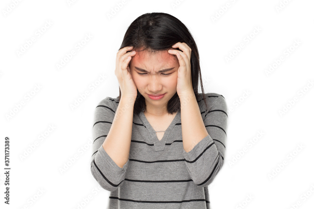 young asian woman arms raised touch her head feel headache young asian woman arms raised touch her head feel headache