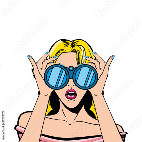 retro blond woman cartoon with binoculars vector design