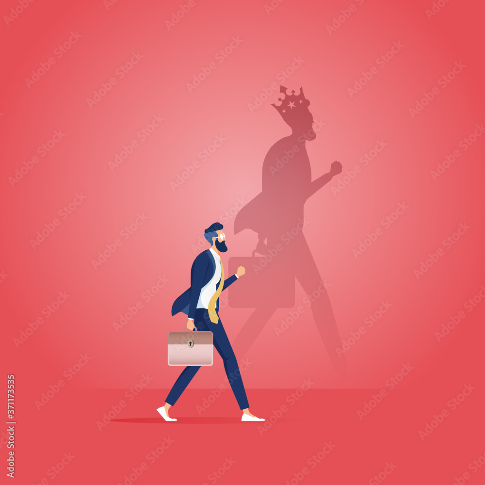 Businessman with King shadow. Ambition and success concept, Businessman motivated for success with shadow of king in the crown flat vector illustration, Leadership and superpower challenge
