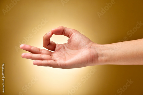 gyan mudra, close up of hand in gyan mudra
 photo