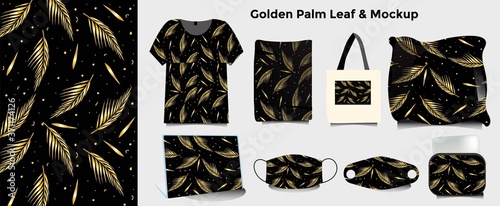 golden palm leaf and mockup. can be applied to t-shirts, tote bags, masks, pillows, wall clocks, pillowcases, and so on.
