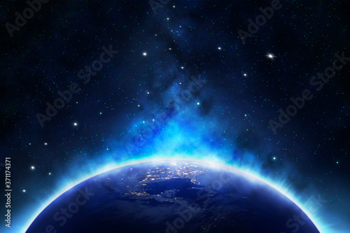 Planet Earth outer space with beam of light at North America area from the Space at Night Elements earth of this Image Furnished by NASA