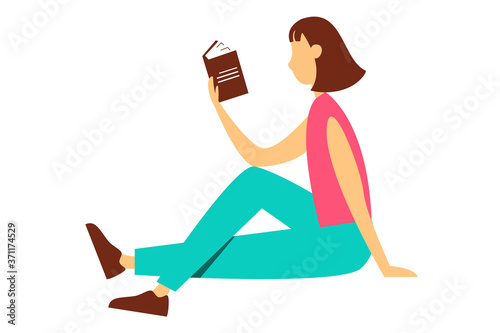 Young girl reading a book. Vector illustration in flat style.