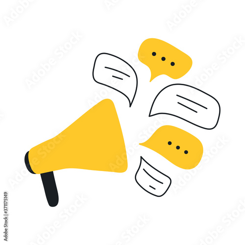 Social media concept, loudspeaker, and messages. Advertisement, announcement, message, alert. Flat line vector icon illustration on white.