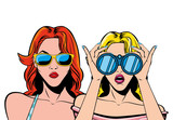 retro red hair and blond women cartoons with binoculars vector design