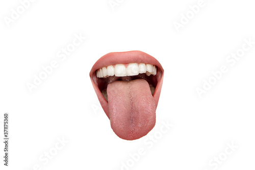Tongue sticking. Close up view of female mouth wearing nude lipstick over white studio background. Copyspace for insert your ad. Emotions, expression, beauty, fashion, style concept. Cut-out for