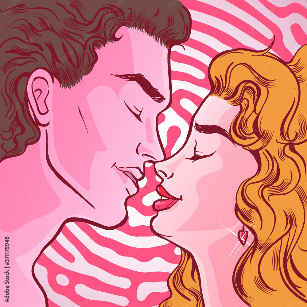 Romantic vintage illustration in cartoon, comic style. Beautiful young couple before a kiss. Template for postcards, congratulations on Valentine's Day.