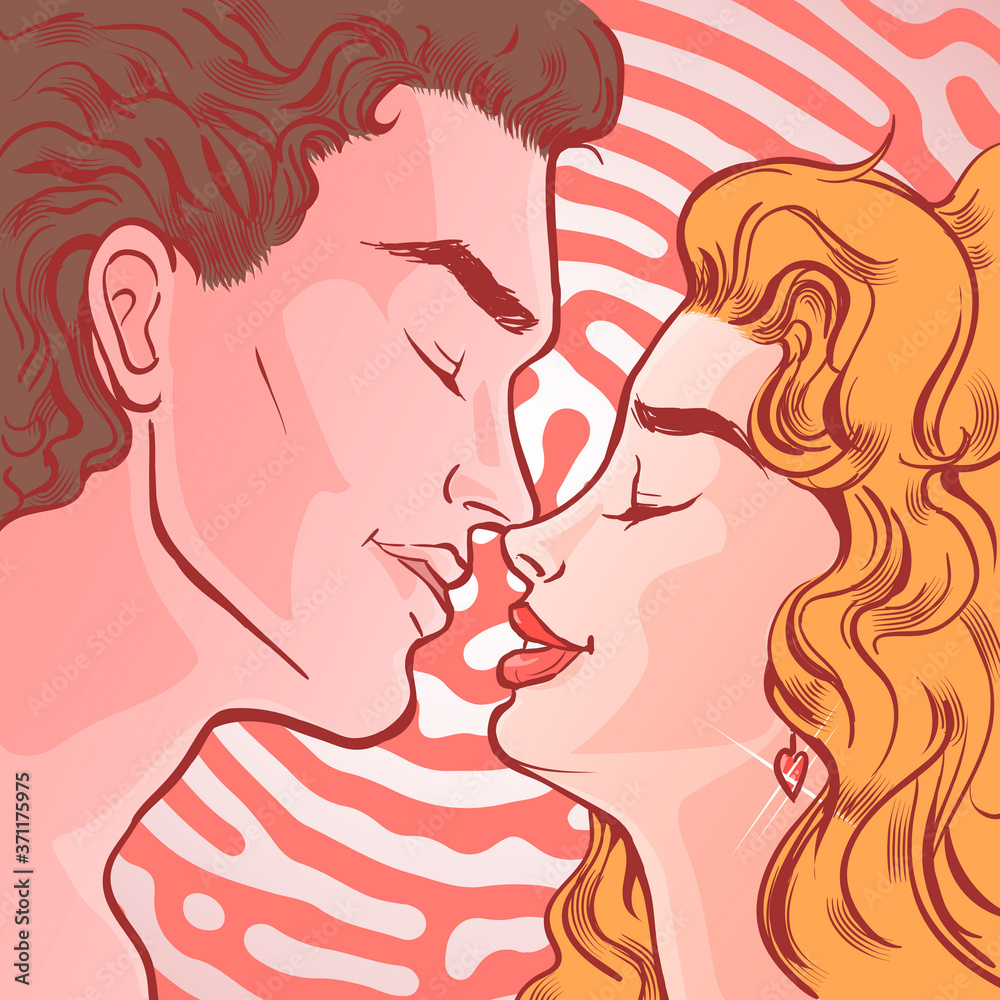 Romantic vintage illustration in cartoon, comic style. Beautiful young couple before a kiss. Template for postcards, congratulations on Valentine's Day.