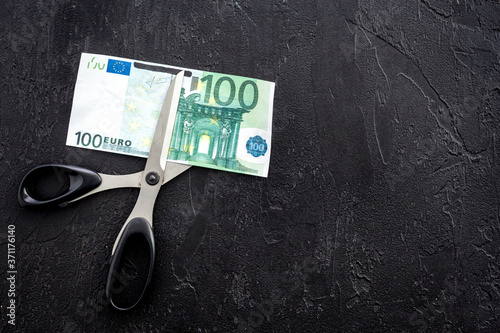 Cutting of euro banknote. Economic crisis concept