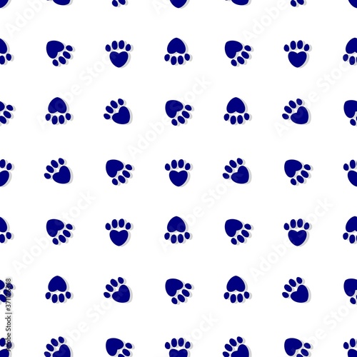 Seamless navy blue pattern with heart shaped footprints on white background