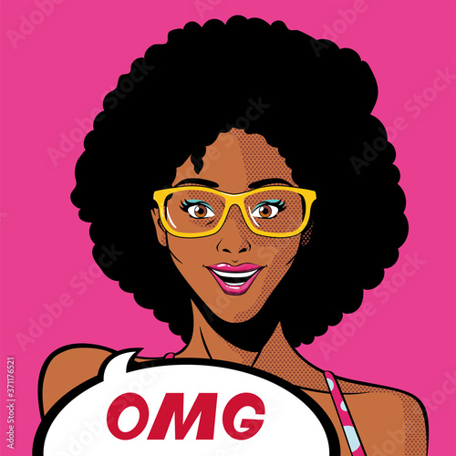retro black afro woman cartoon with glasses and omg bubble vector design