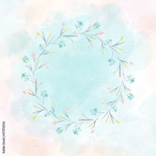 A wreath of branches with berries and leaves painted with watercolor strokes. Copy space inside a round frame. Social media template.