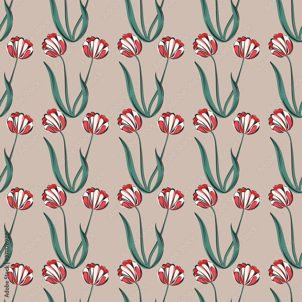 Seamless retro 1940s pattern in flowers of cute tulips. Vintage floral ...