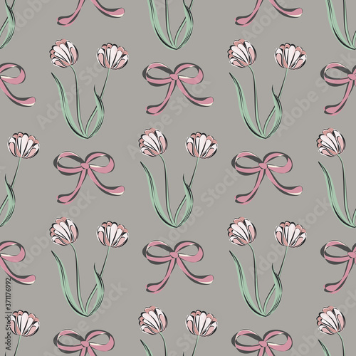 Seamless retro 1940s pattern in flowers of cute tulips, ribbons. Vintage floral background for textile, wallpaper, pattern fills, covers, surface, print, gift wrap, scrapbooking, decoupage.