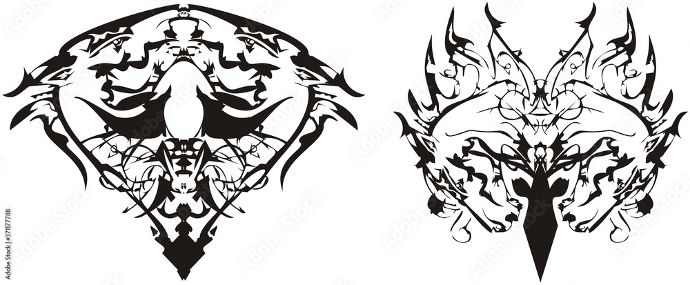 Double symbols of a horse's head in the shape of a heart and a butterfly. Flaming linear horse symbols for cards, emblems, logos, tattoos, posters, prints on t-shirts, wallpaper, etc. Two options Double symbols of a horse's head in the shape of a heart and a butterfly. Flaming linear horse symbols for cards, emblems, logos, tattoos, posters, prints on t-shirts, wallpaper, etc. Two options