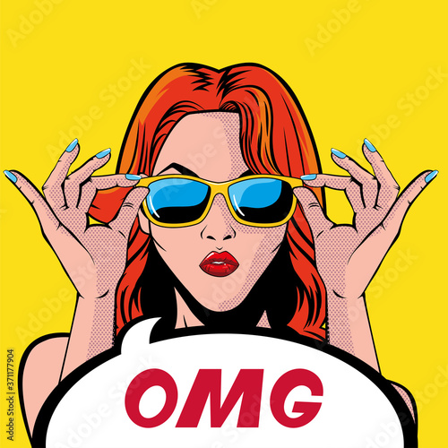 retro red hair woman cartoon with omg bubble vector design