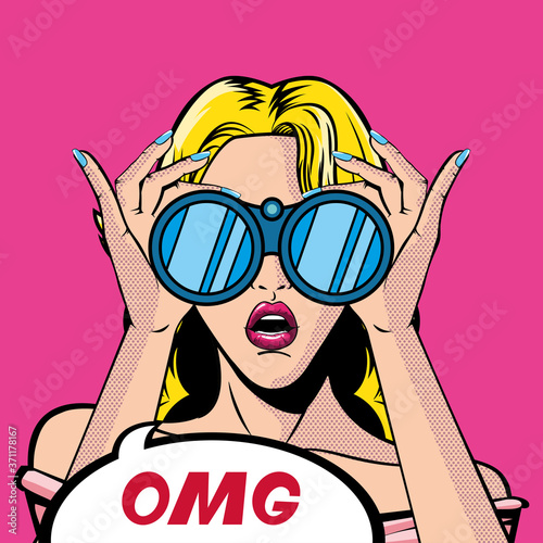 retro blond woman cartoon with binoculars and omg bubble vector design