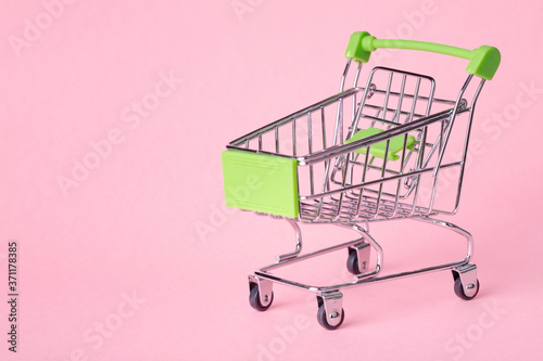 Empty top view mini pink shopping cart or trolley shopping on pink background