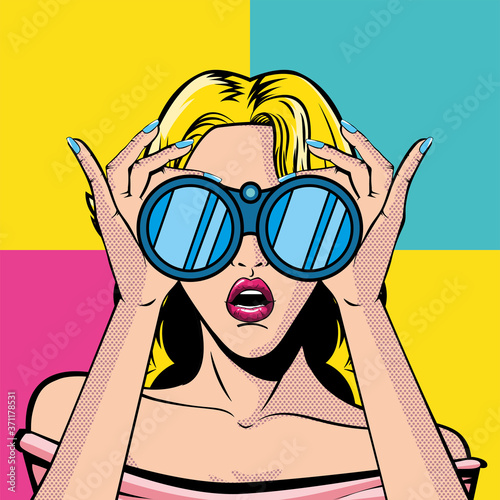 retro blond woman cartoon with binoculars vector design