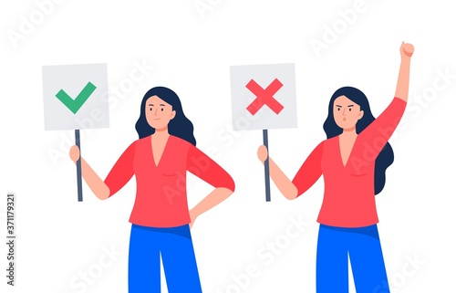 Young women with different emotions hold banners. Agreeing and disagree signs. Support and disagreement concept. Trendy vector flat illustration.