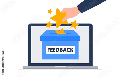 Online feedback concept. A client putting stars in the feedback box. Evaluating product, service, user experience feedback. Trendy vector flat illustration.