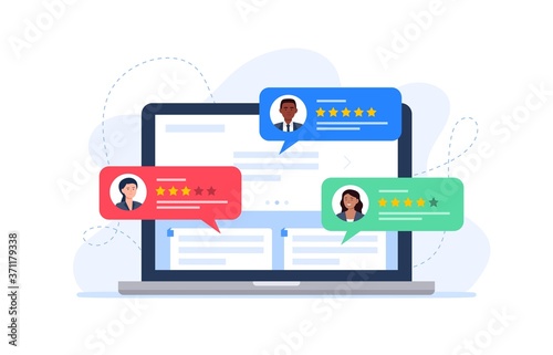 Feedback customers review on a laptop monitor. People evaluating product, service. Website rating feedback concept. Trendy vector flat illustration.