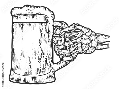 Skeleton bone hand holds beer. Sketch scratch board imitation.