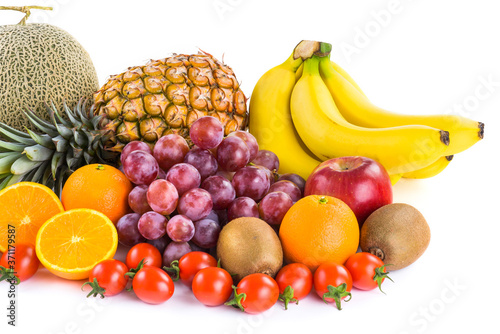 Fototapeta Naklejka Na Ścianę i Meble -  many kinds of fruits on a bright background, such as apples, bananas, pineapples, oranges, etc