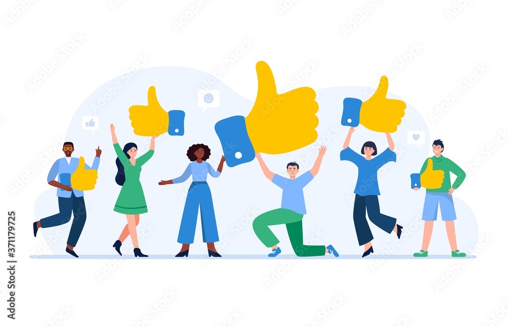 Customer review rating. People give review ratings and feedback. Multiethnic men and women evaluating product, service. Flat vector illustration. 