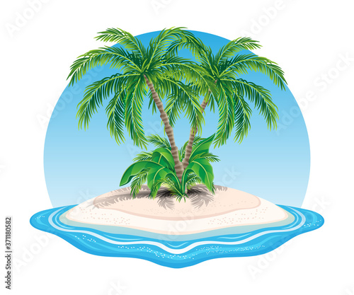 Island icon with palm trees in the ocean on white background.