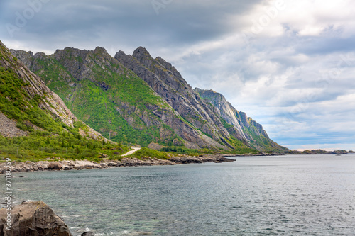 Norway Landscape panorama with ocean and mountain Lofoten island.