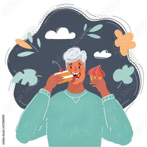 Vector illustration of man eating lots of sweets. Character on dark background.