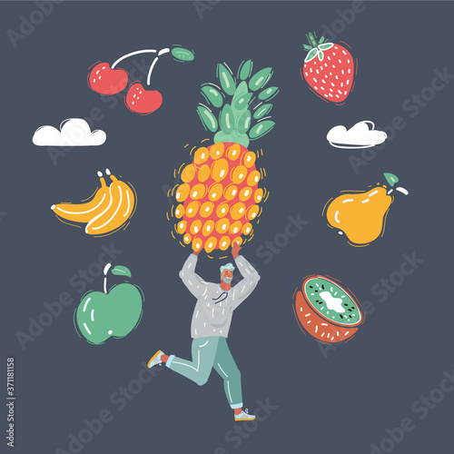 Vector illustration of man, who run with big pinaple in his hands and another fruit around him. Character on dark background. photo