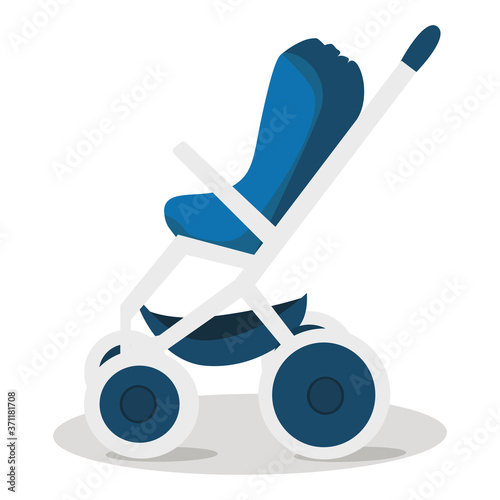 Baby stroller for a boy. Graphic vector drawing in cartoon style. There is a blue color. Can be used for collages of childrens illustrations, web design.