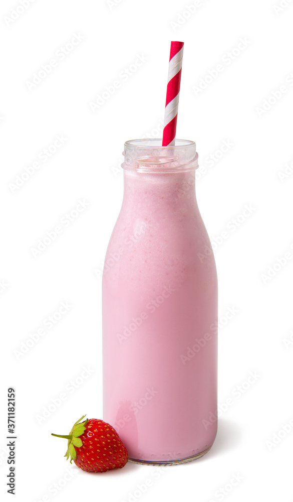 cold strawberry smoothie with fresh berries in a glass bottle on a white background cold strawberry smoothie with fresh berries in a glass bottle on a white background