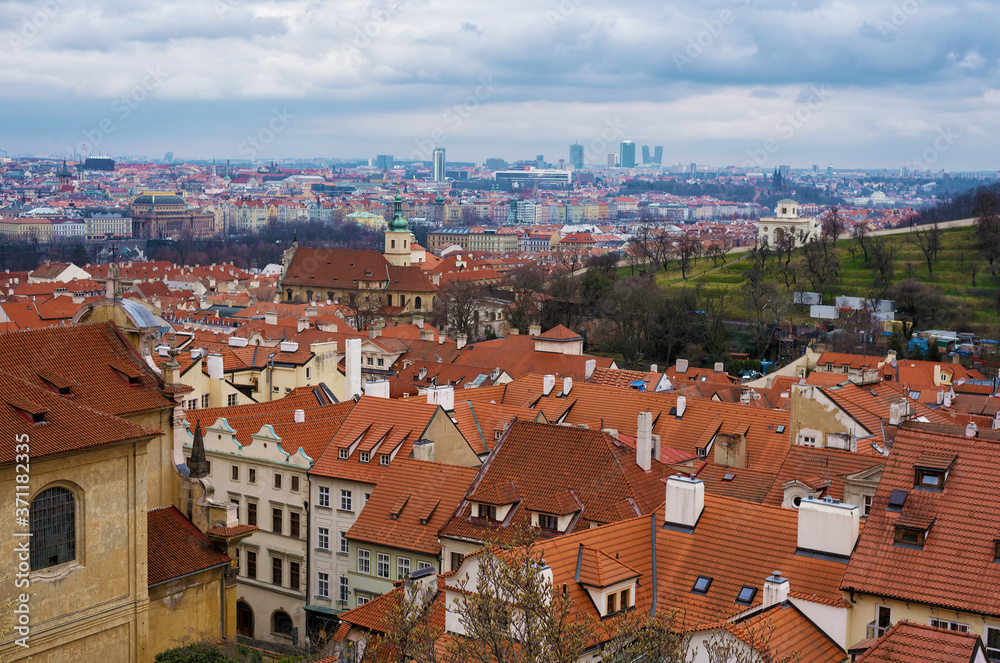 Obraz premium Prague, Czech Republic - March 10, 2020 View of Vysehrad in Prague, red tile roofs of old houses