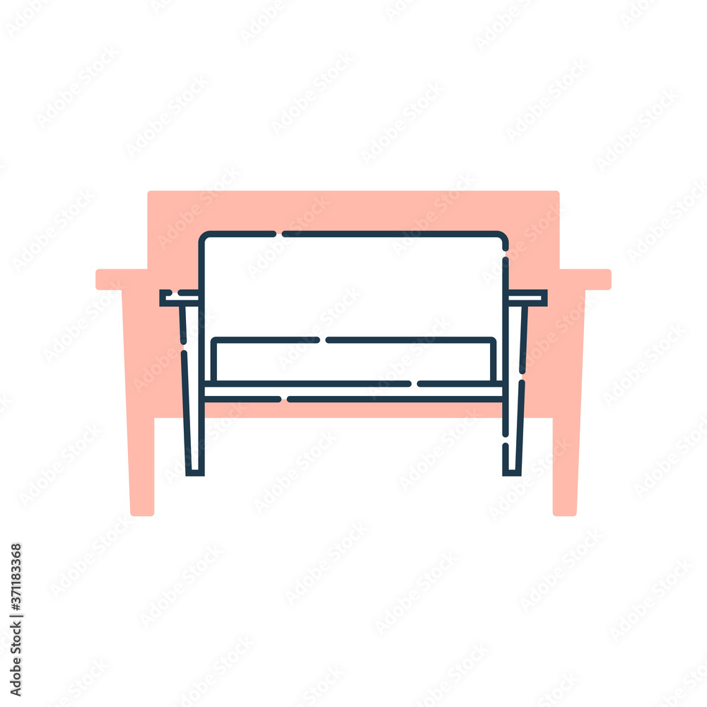 Comfortable sofa with one pillow. Flat illustration with settee on shape background. Modern stylish object for relaxation. Image of couch in line art style. Element furniture of the interior Comfortable sofa with one pillow. Flat illustration with settee on shape background. Modern stylish object for relaxation. Image of couch in line art style. Element furniture of the interior