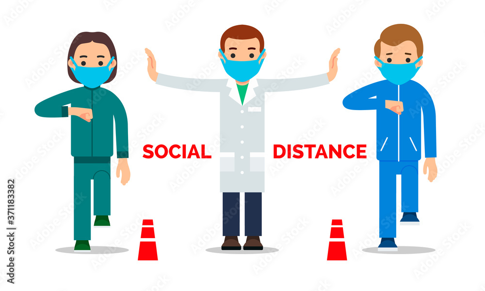 Masked doctor spreads his arms and warns of social distance between people during coronavirus pandemic. Warning public contacts between people to protect against infection. Flat design isolated Masked doctor spreads his arms and warns of social distance between people during coronavirus pandemic. Warning public contacts between people to protect against infection. Flat design isolated